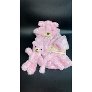 NWT New Bearpaw Baby Girls Pink Hooded Robe Teddy Bear bath Set Size 0-9 Months